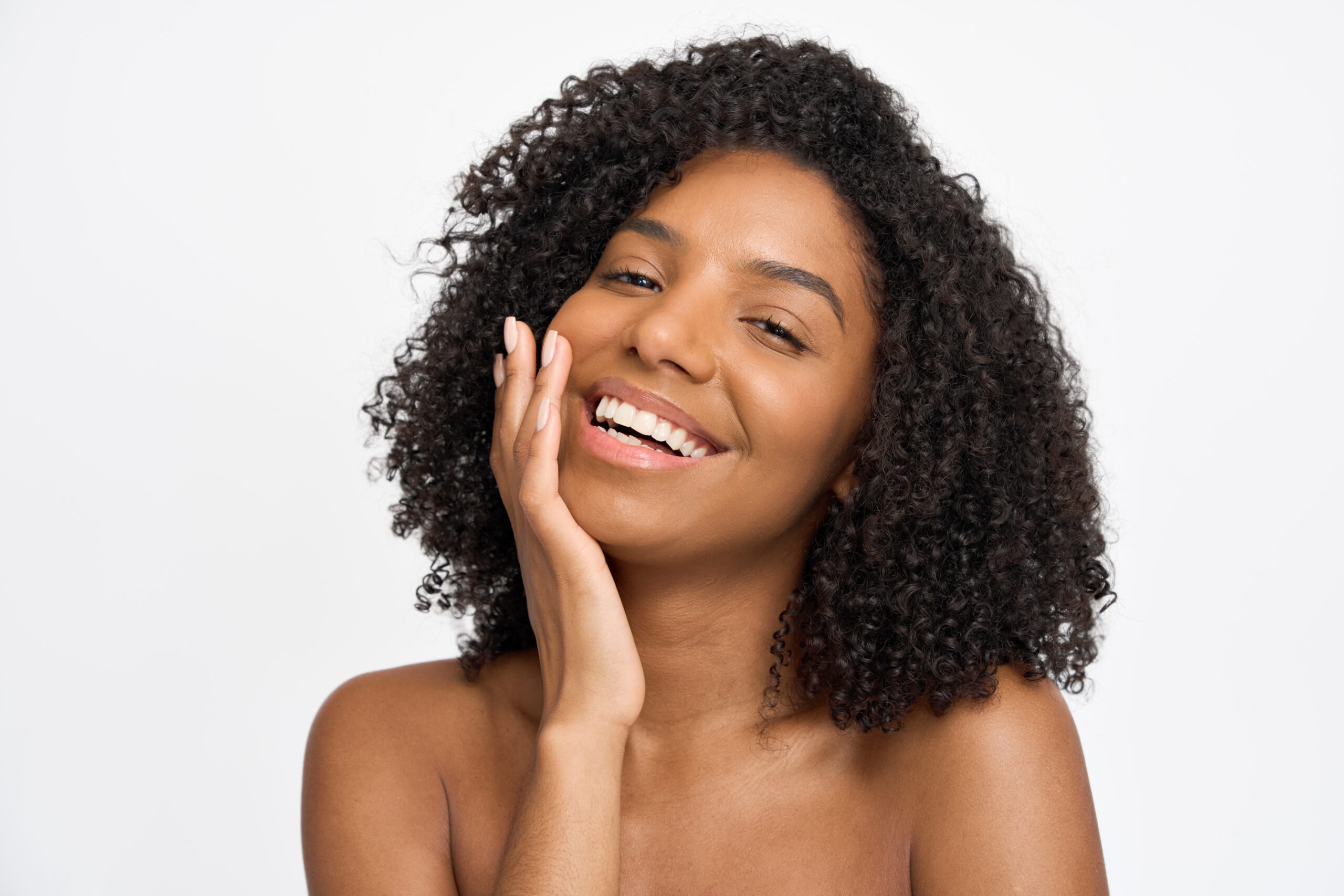 Smiling woman with curly hair